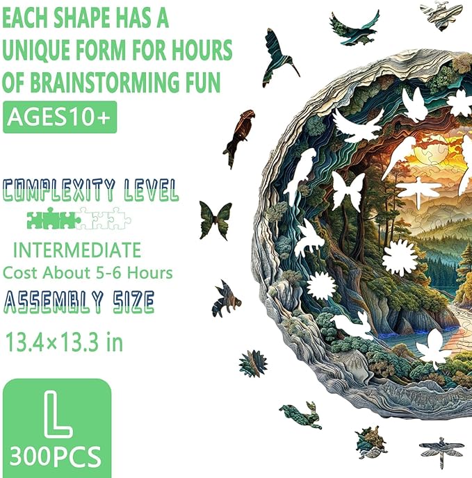 Wooden Puzzles for Adults, 3D Vision Effects Cave Forest Wooden Jigsaw Puzzles for Adults, Unique Shaped Wood Puzzle, Hill Sunset Forest Trail Landscape Puzzle, Home Decor (L-13.4 * 13.3in -300 pcs)