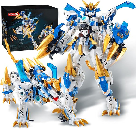 White Tiger 2 in 1 Mech Building Blocks kit Transform Action Figure Toys, Animals Transforming Robot Building Set, STEM for Adults Kids Boys Ages 8 10 12 14 (White Tiger)