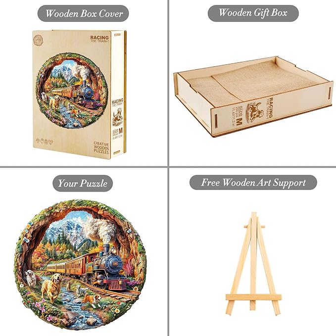 KAAYEE Wooden Puzzles for Adults, 3D Visual Effect Dogs Racing Against Trains Wooden Jigsaw Puzzle Unique Shape Wood Puzzle Adult, 3D Effect Flat Puzzle Birthday Family Games (S-8.5 * 8.3in-100pcs)