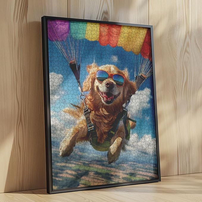 Golden Retriever Skydiving Art Jigsaw Puzzles for Adults 1000 Pieces, Animal Sky Diving Colorful Parachutes Colorful DIY Puzzles for Home Decoration Gifts, Family Challenging Perfect for Game Nights