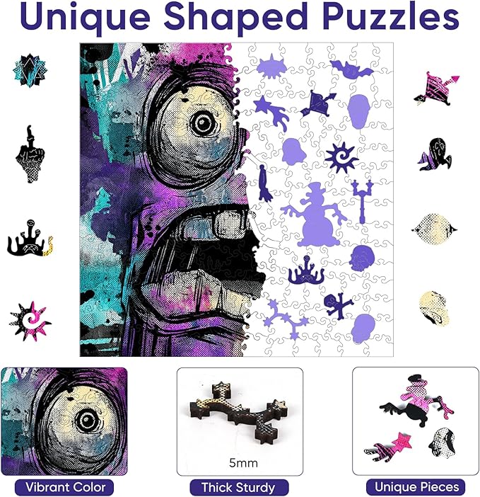 Ruikiyart Wooden Puzzles for Adults, 5MM 500 Pieces Funny Scared Expression Wooden Jigsaw Puzzle,Unique Shaped Puzzle Gifts for Adults and Kids on Christmas,Family Puzzle Games (Purple, 15.9''x15.9'')