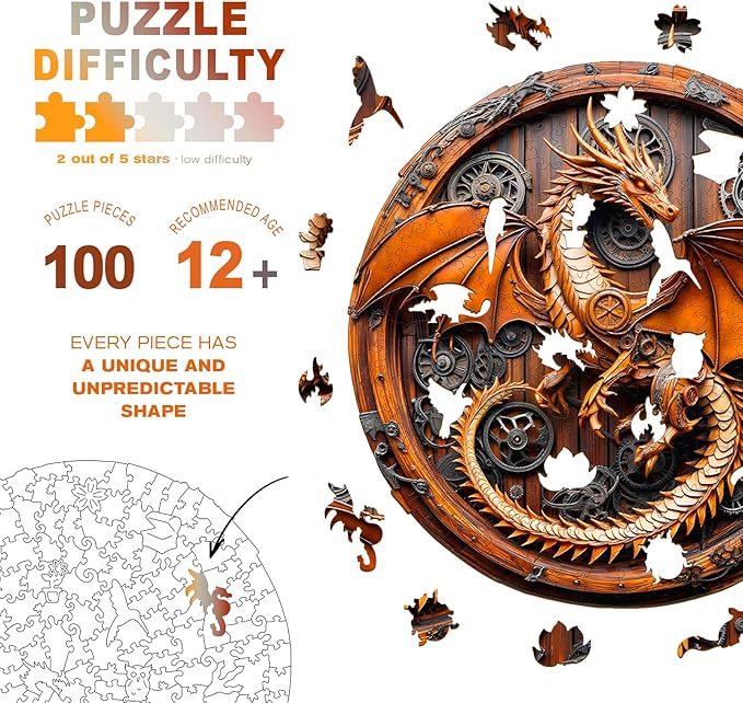 Wooden Puzzles for Adults - Mechanical Dragon Wooden Jigsaw Puzzle - Unique Shape 3D Vision Wood Puzzles Adult - Christmas Birthday Gifts for Adults/Friends/Family - 100pcs 8.5 * 8.4in