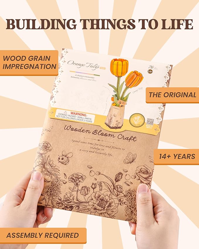 rowood Wooden Flower,DIY Artifical Flower Building Set Craft Kit for Adults,Mother's Day/Valentine's Day for Mom/Women/Grandma-Orange Tulip