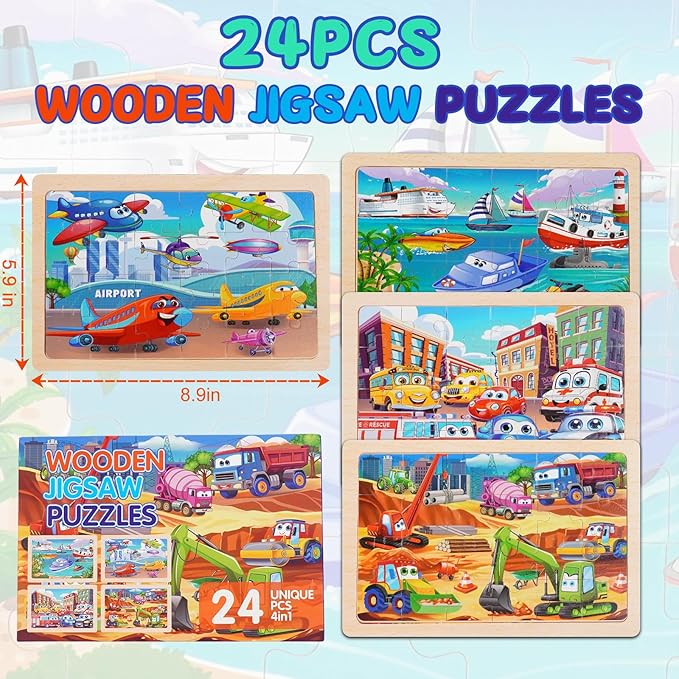 Wooden Jigsaw Puzzles for Kids Ages 3-6, 4 Pack with Vehicles Preschool Educational Toys, Toddler Puzzles Gift for 3 4 5 Year Old Boys Girls (Vehicles)