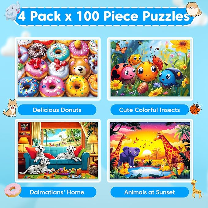4 Packs 100 Piece Puzzles for Kids Ages 4-6-8-10, Donuts Insects Dalmatians Animals Large Piece Jigsaw Puzzles for Children Senior Adult Educational Puzzle Toys Preschool Birthday Gifts