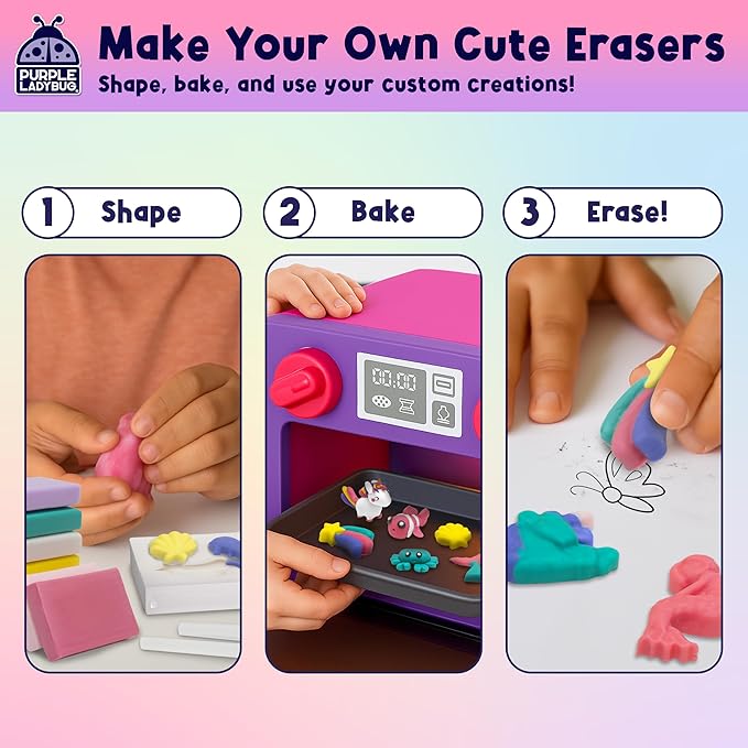 PURPLE LADYBUG Eraser Lab DIY Clay Mini Cute Eraser Kit for Girls - Unicorn & Mermaid Theme - Fun Craft Activity for Girls Aged 4 5 6 7 8 9 10, Perfect Back to School Supply & Birthday Gift Idea