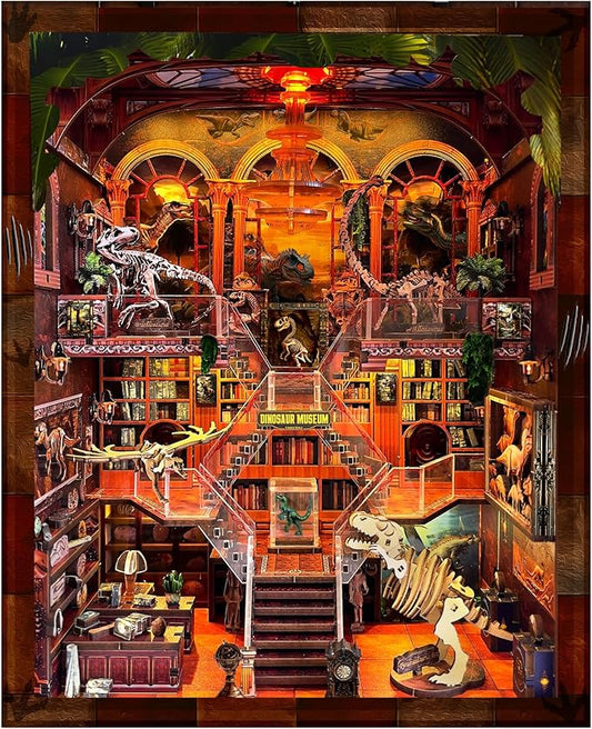 DIY Wooden Puzzle with Night Light, Miniature House Kits, Stunning Bookshelf Insert Decor, Ideal Gift for Holidays, Birthdays, and Home Library Decoration(Dinosaur Museum)