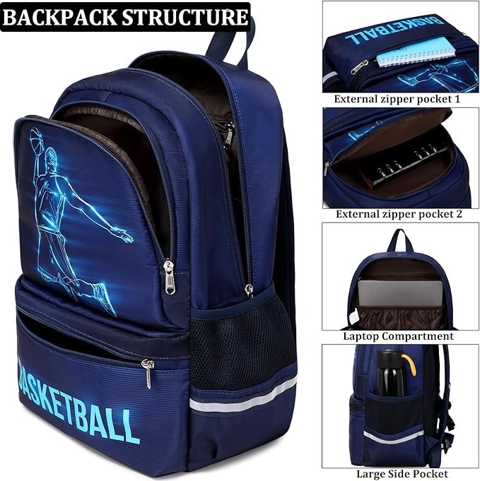 JIANYA Kids Backpack for School Boys, Basketball Themed Backpack with Lunch Box Elementary Kids School Bag Travel Back Pack for Boy, Blue