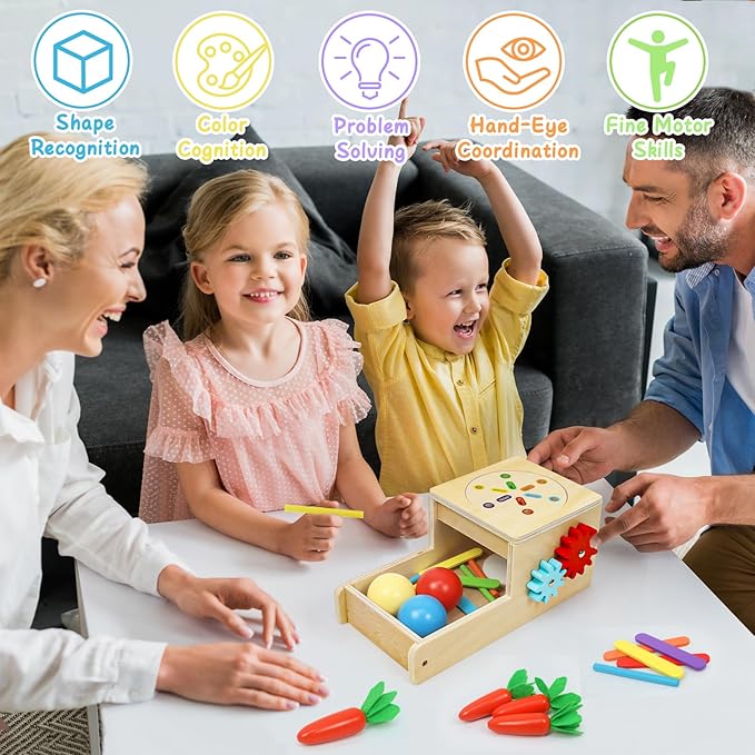 Montessori Toys for 1 Year Old, 6 in 1 Wooden Toys for Baby Boy Girl, Object Permanence Box, Color&Shape Sorting Learning Matching Game, Carrot Harvest, Preschool Educational Gift (New Coin Box)