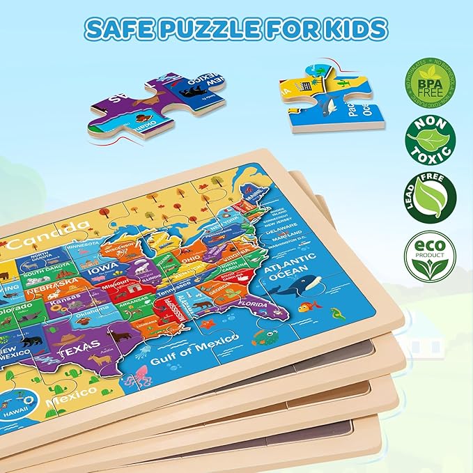 Wooden Puzzles for Kids Age 3 4 5 Year Old, 4 Pack 24 Pcs Toddler Jigsaw Puzzles for Girl Boy Geography Space Activities Preschool Learning Educational Birthday Gift Travel Autistic Wooden Toys
