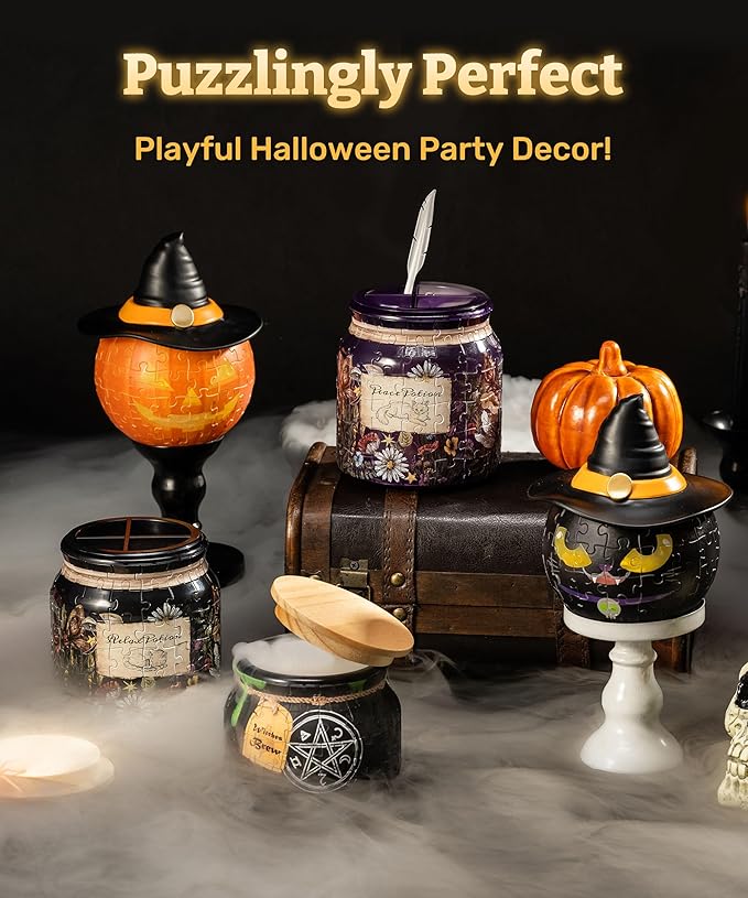 PieceRelax Halloween 3D Puzzle Candle Light 80 Pieces - LED Jack O’ Lantern - Rechargeable Plastic Pumpkins for Indoor & Outdoor Spooky Decorations, Magic Cat [KL1075]