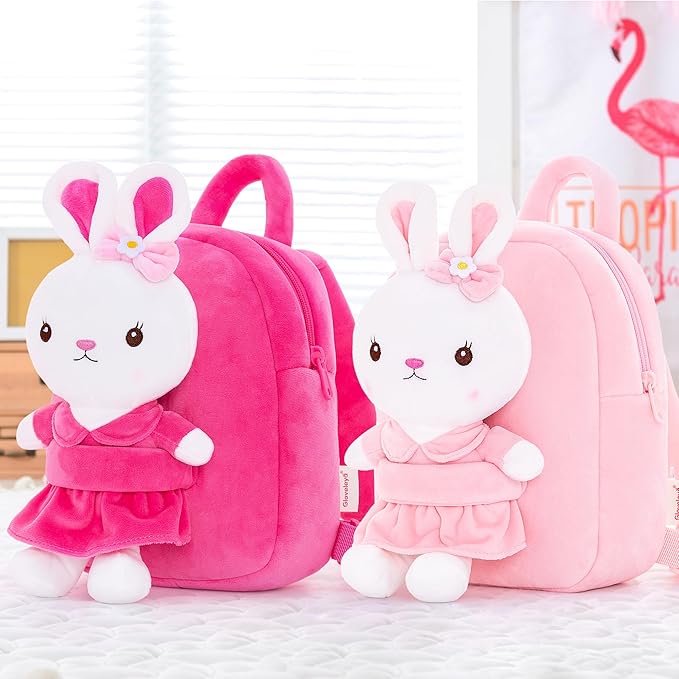 Gloveleya Kids Backpack Girl Backpack Toddler Girl Backpacks with Stuffed Bunny Toy Rose Red 9''