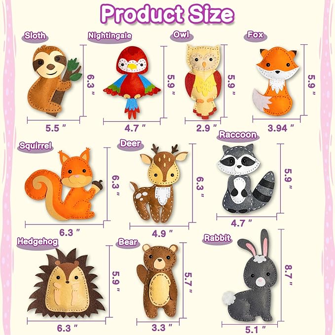 KIDS KING Easy Sewing Kit for Kids, 10 DIY Projects of Stuffed Dolls of Woodland Animals, Pre-Cut Felt: Bear, Deer, Owl, Fox, Rabbit, Arts & Crafts Toys for Beginner Kids Age 6-12