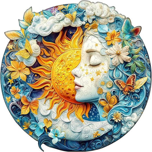 Wooden Puzzles for Adults - Moon Sun and Girl Wood Puzzles Adult - Unique Animal Shape Wooden Jigsaw Puzzles for Adults - Birthday Gifts for Puzzle Lovers, Family (11.4 * 11.4in)