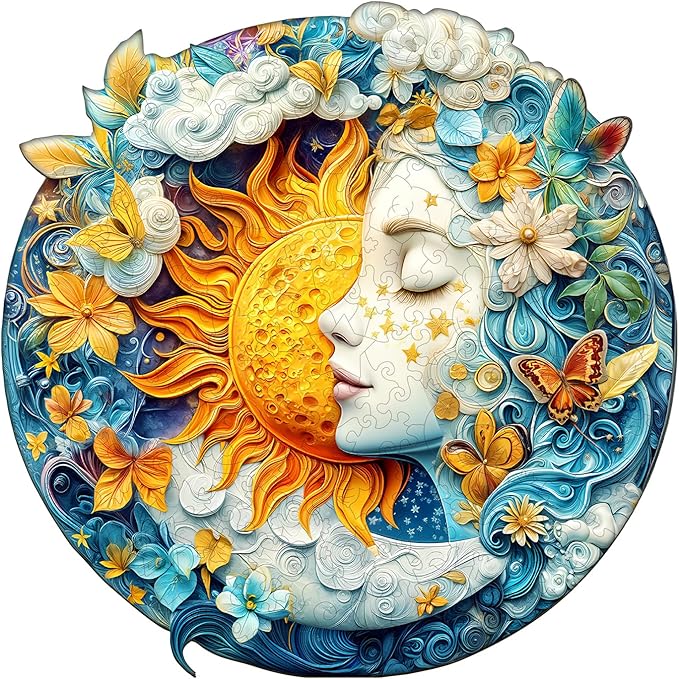 WOODBESTS Wooden Puzzles for Adults, Moon Sun & Girl Wood Puzzles Adult(200 Pieces, M, 11.4 * 11.4in), Unique Shape Wooden Animal Jigsaw Puzzles, Birthday Gifts for Adults Family Game