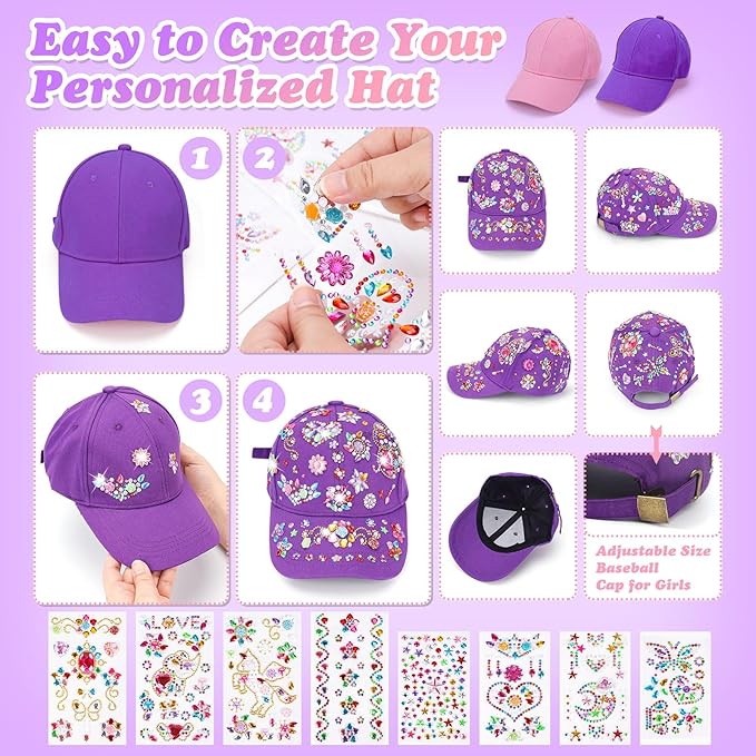 DIY Gem Baseball Cap Craft Kit: Design Your Own Hats with Unicorn Stickers, Adjustable Kids Baseball Caps, Trendy Tween Gifts Toys for Girls Age 4-12 Years Old, Birthday Christmas Art Supplies