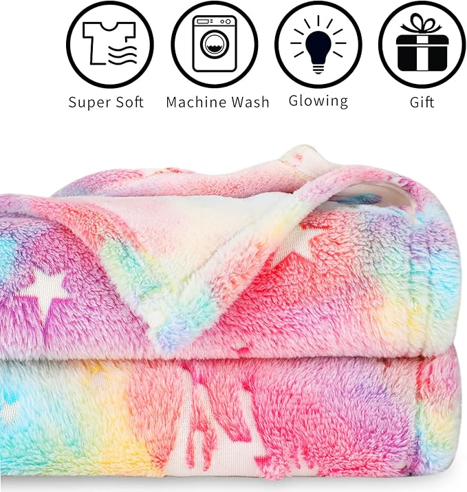 Glow in The Dark Blanket Unicorn Gifts for Kids Girls Teen Birthday Christmas Halloween Present Light Up Rainbow Unicorn Bedroom Bed Decor Fun Soft Fluffy Plush Glowing Throw Pink 50"x60"