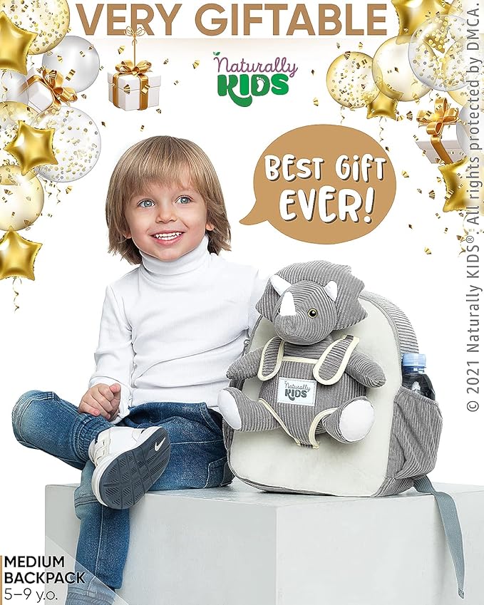 Naturally KIDS Grey Dinosaur Backpack for Boys 4-5, Triceratops Dinosaur Gifts for 4-5 Year Old Boys, Girls, Toddler Backpack