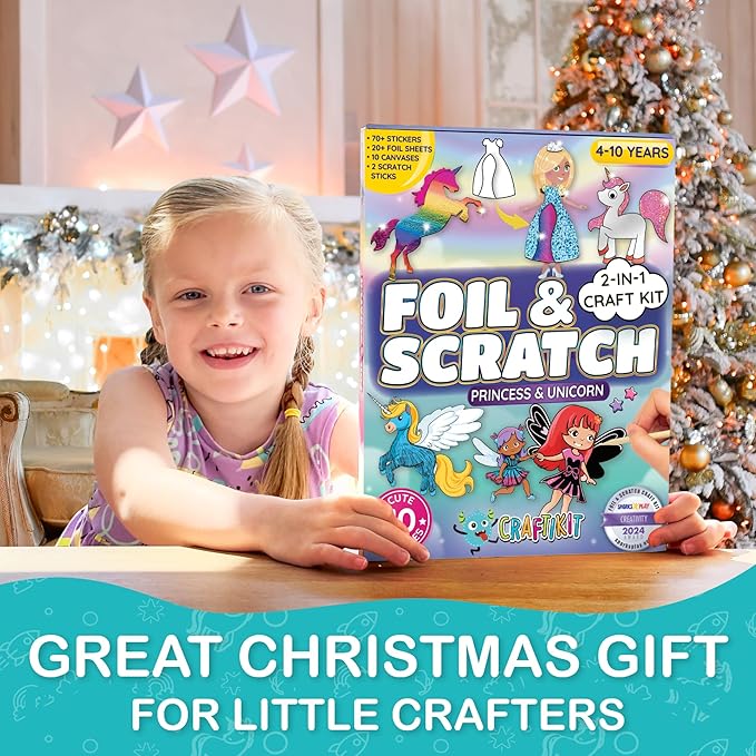 Craftikit ® Award-Winning Unicorn and Princess Foil Art & Rainbow Scratch Art for Kids- 2-in-1 Arts and Crafts Kit for Kids Ages 4-10 - Unicorn Crafts for Girls Ages 4, 5, 6, 7, 8, 9, 10