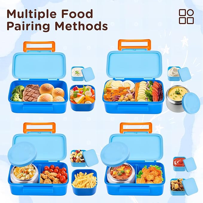 Bento Lunch Box for Kids With 8oz Thermo, Leakproof Bento Box with with 2 Compartments, Insulated Bottle, Lunch Bag, BPA Free Dishwasher Safe for School Girls Boys (Blue)