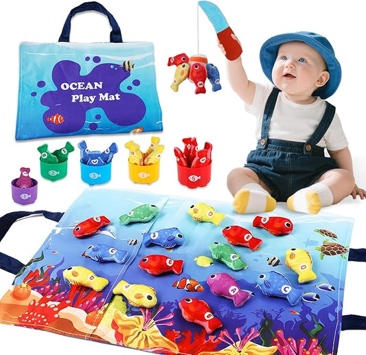 Montessori Toys for 1-2 Year Old - Toddler Fishing Game with Stacking Cups, Baby Toy 12-18 Months One Year Old Boy Girl Birthday Gift to Learn Count, Sort Colors and Shapes