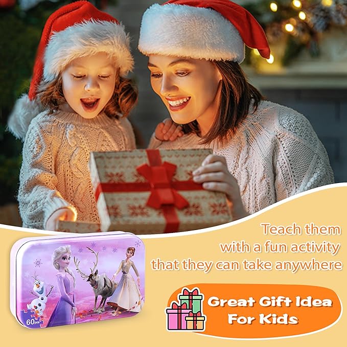 LELEMON Pretty Puzzles for Kids Ages 4-6, Snowmen 60 Piece Puzzles for Kids Ages 4-8,Children Jigsaw Puzzles in a Metal Box,Educational Learning Puzzle Toys for Girls and Boys