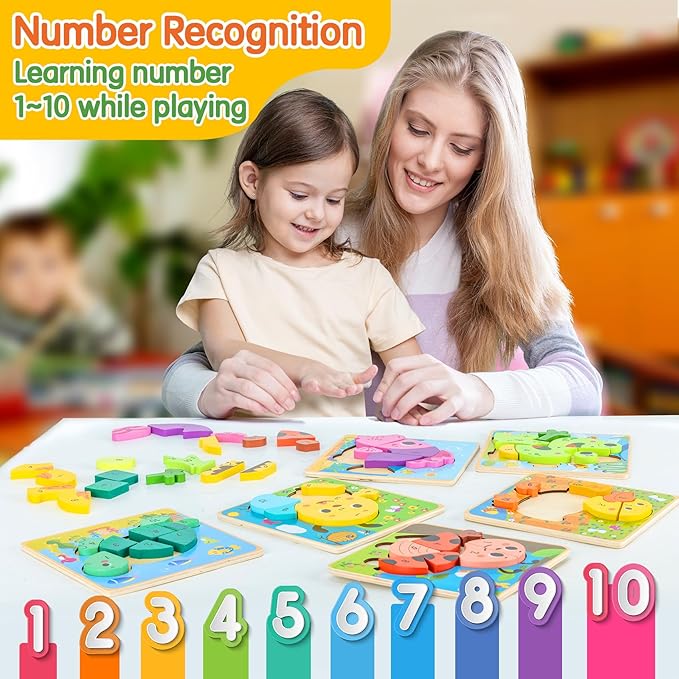 deli Wooden Toddler Puzzles, 6 Pcs Animals Puzzles for Toddler, Montessori Preschool Educational Learning Toys Make a Great Gifts for 1 2 3 4 5 Year Olds