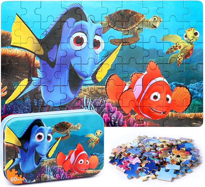 LELEMON Ocean Puzzles for Kids Ages 4-6,Underwater World 60 Piece Puzzles for Kids Ages 4-8,Children Jigsaw Puzzles in a Metal Box,Educational Learning Puzzle Toys for Girls and Boys
