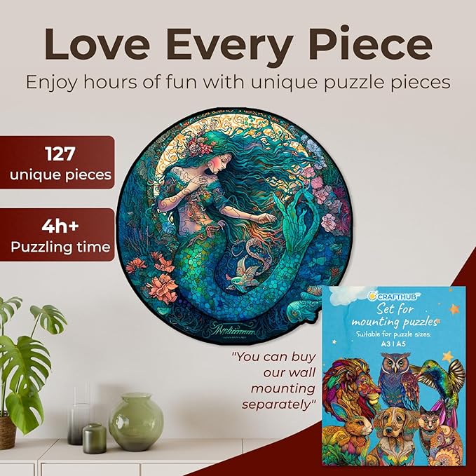 Crafthub Mystical Creatures Wooden Puzzles for Adults – A3 Dreamy Mermaid with 127 Pieces Wood Puzzles – Jigsaw Puzzles with Unique Animal Shapes – 10.9"x10.9"