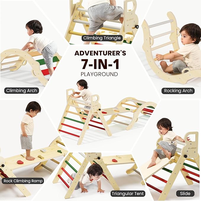 BlueWood Pikler Triangle Set, Toddler Wooden Climbing Toys Indoor 7in1 Foldable Climber for Kids, Montessori Philosophy Play Jungle Gym with Arch, Ramp, Ladder (Warm Winter Christmas)