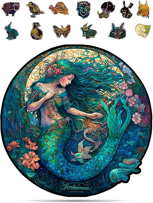 Crafthub Mystical Creatures Wooden Puzzles for Adults – A3 Dreamy Mermaid with 127 Pieces Wood Puzzles – Jigsaw Puzzles with Unique Animal Shapes – 10.9"x10.9"