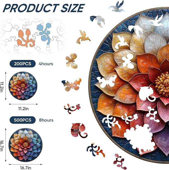 Puzzles for Adults, Mandala Flower Wooden Puzzles 200pcs,11.2x11.2in, Medium, Unique Shaped Lotus Yoga Gifts Jigsaw Puzzles, Irregular Wood Puzzles Creative Gift for Adults and Kids Family Game