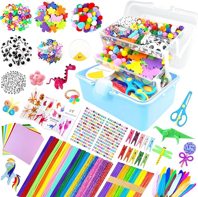 3000Pcs Arts and Crafts Supplies for Kids Craft Kits with Pipe Cleaners Crafting Supply All in 3 Layered Craft Box DIY Crafts for Kids Ages 4-8 8-12 Homeschool Supplies Toys Gifts for Girls & Boys