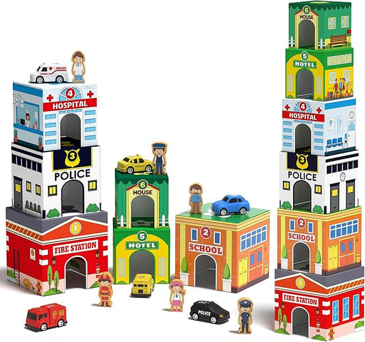 Coogam Montessori Sorting & Stacking Blocks with Nesting Garages Cars, Stackable Number Boxes for Toddlers Learning Community Helpers, Preschool Educational Toy Gift for 2 3 4 Year Old Baby