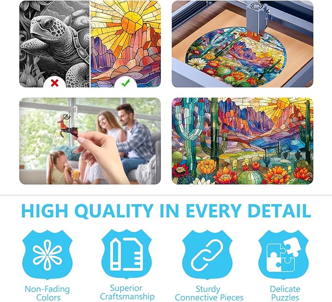 Wooden Jigsaw Puzzle for Adults, Stained Glass Cactus Wooden Puzzles for Adults 200 Pieces, Colorful Plant Succulent Wood Puzzles Adult, Unique Shape, Fun Gifts for Friend, Home Decor(M -11.4*11.4in)