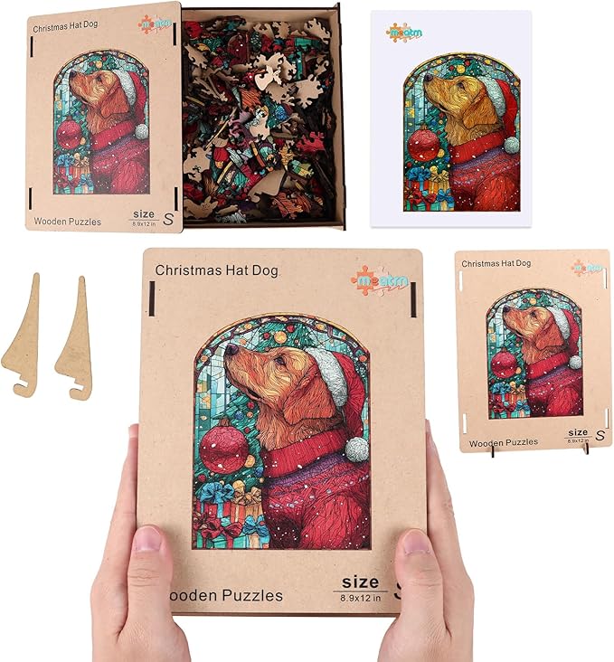 Christmas Jigsaw Puzzles for Adults - Dog with Santa Hat 202 Pcs Unique Shaped Holiday Wood Puzzle with Wooden Storage Box, Festive Family Game Night for Art Lovers 8.9x12 Inch