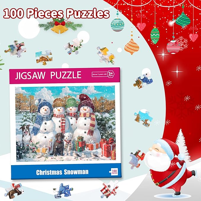 100 Piece Puzzles for Kids Ages 4-6 6-8 8-10, Christmas Snowman Jigsaw Puzzles Kids Puzzles 4-6 3-5, Children Educational Puzzles for Kids Ages 4-8, Gifts Christmas Stocking Stuffers for Kids Adults