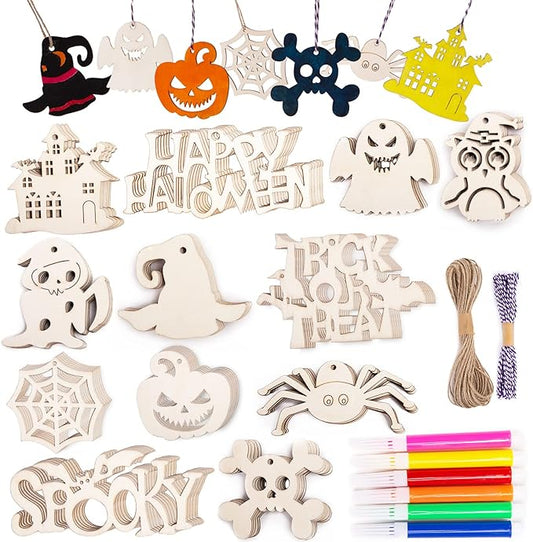 Shindel Halloween Crafts for Kids, 72PCS Wooden Halloween Decorations, 12 Styles Unfinished Wood Cutouts, Wood Ornaments for DIY Gifts Home Office Party Yard Hanging