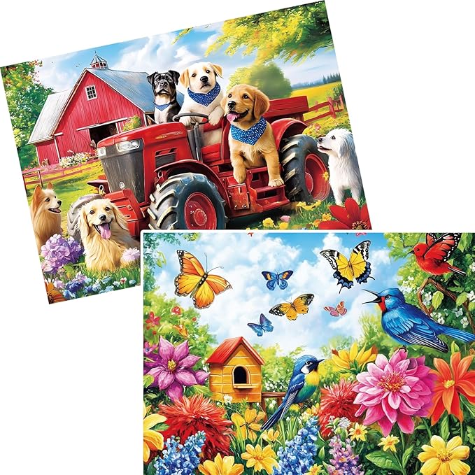 2-Pack 300 Pieces Puzzles for Kids, Farm Dog Puzzles 300 Pieces Spring Flowers Birds Jigsaw Puzzle for Adults, Large Piece Puzzle, Puzzle Toys for Boys and Girls, Family Activity Game Nights Gifts