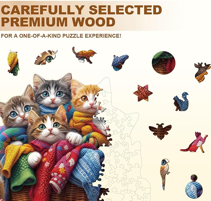Wooden Puzzles for Adults - Colorful Fabric Cat Wooden Puzzle - Unique Shapes Wooden Jigsaw Puzzles for Adults - Eco-Friendly Home Office Decor (11.4 * 10.9in)