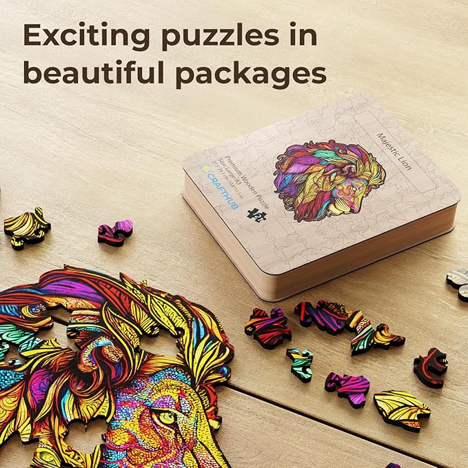 CRAFTHUB Animal Wooden Puzzles for Adults – A3 Lion with 121 Pieces – Jigsaw Puzzles with Unique Animal Shapes – 10.8" x 11.4"