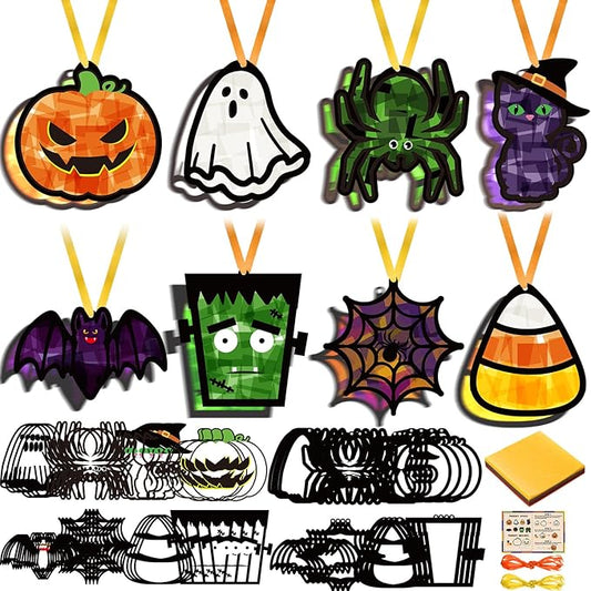 Funrous 32 Set Halloween Suncatchers Crafts Kit Diverse Pumpkin Ghost Design Suncatchers Crafts with Tissue Paper DIY Window Stained Glass Decor Hanging Ornaments for Halloween Activities Party Favors