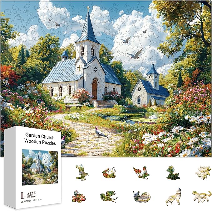 GLOBLELAND 300Pcs Garden Church Wooden Jigsaw Puzzles for Adults 11.22x15.16inch Religion Landscape Wood Puzzles Colorful Unique Shaped Wood Puzzles for Anniversary Holiday Birthday Gifts