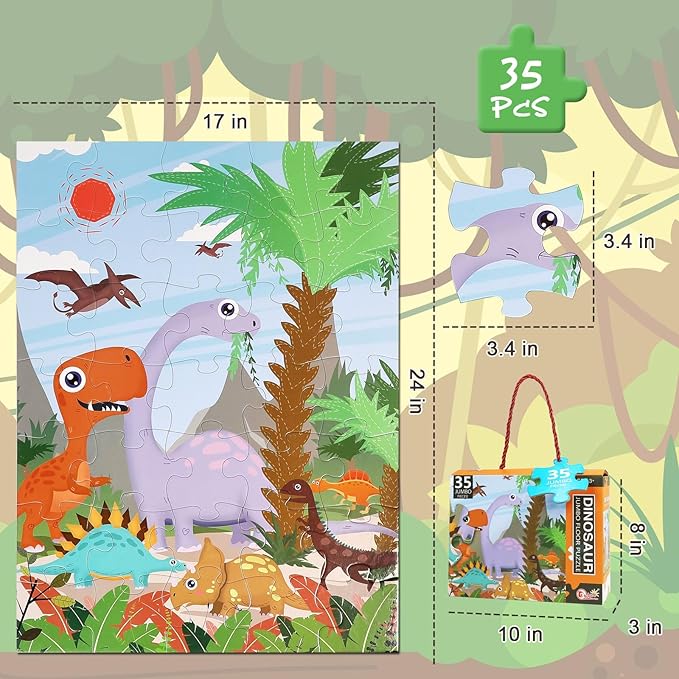 35 Piece Jumbo Dinosaur Puzzle for Kids Ages 3-6, Educational Large Floor Puzzles with Bonus Puzzle Sticker Sheets, Perfect Learning Toy Gift for Boys and Girls