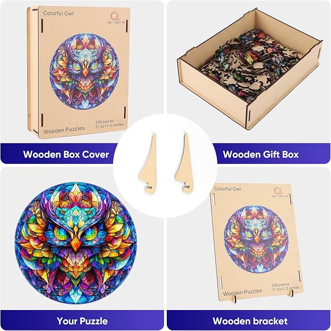 Wooden Puzzle for Adults Colorful Owl Jigsaw Puzzles Unique Animal Shape Puzzles Family Game Fabulous Gift for Kids and Adults on Birthday 200 Pieces 11.2 * 11.2in