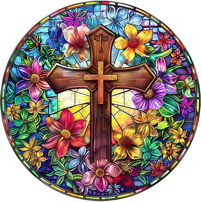 Wooden Puzzles for Adults, Stained Glass Cross Wooden Jigsaw Puzzle for Adults, Colorful Flowers Wood Puzzles Adult, Unique Shape, Fun Gifts for Friends & Family, Home Decor(L -13.4 * 13.4in-300 pcs)