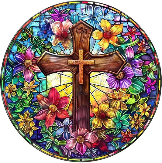 Wooden Puzzles for Adults, Stained Glass Cross Wooden Jigsaw Puzzle for Adults, Colorful Flowers Wood Puzzles Adult, Unique Shape, Fun Gifts for Friends & Family, Home Decor(M -11.4 * 11.4in-200 pcs)