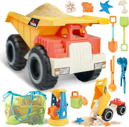 SMILESSKIDDO Beach Toys - Beach Dump Truck, Kids Sand Set with Sand Truck, Water Bucket, Shovel, Molds & Mesh Bag, 12Pcs Sandbox Toys for Toddlers 1-3, 4-8