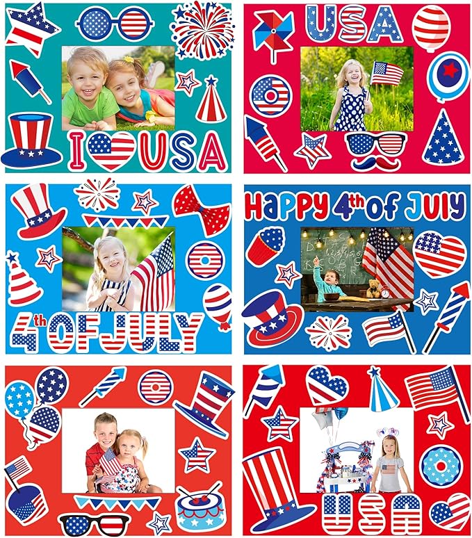 30 Packs 4th of July Picture Frame Craft Patriotic Craft for Kids with Star USA Flag Art Stickers Home Classroom Day-Care Kindergarten Game Activities Party Décor