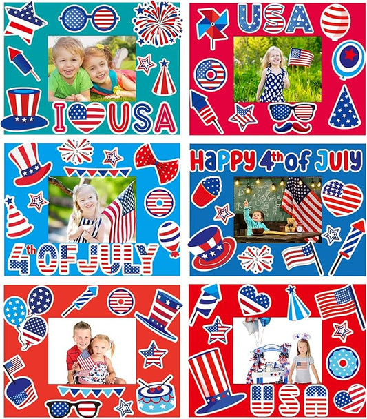 30 Packs 4th of July Picture Frame Craft Patriotic Craft for Kids with Star USA Flag Art Stickers Home Classroom Day-Care Kindergarten Game Activities Party Décor